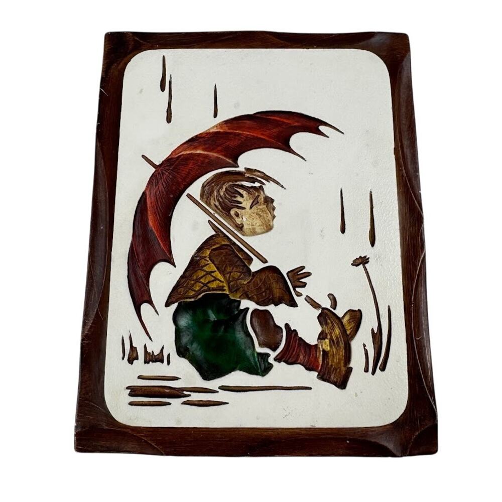 Vintage 1966 Modern Art Co. Chalkware Wall Hanging Plaque – Boy with Umbrella